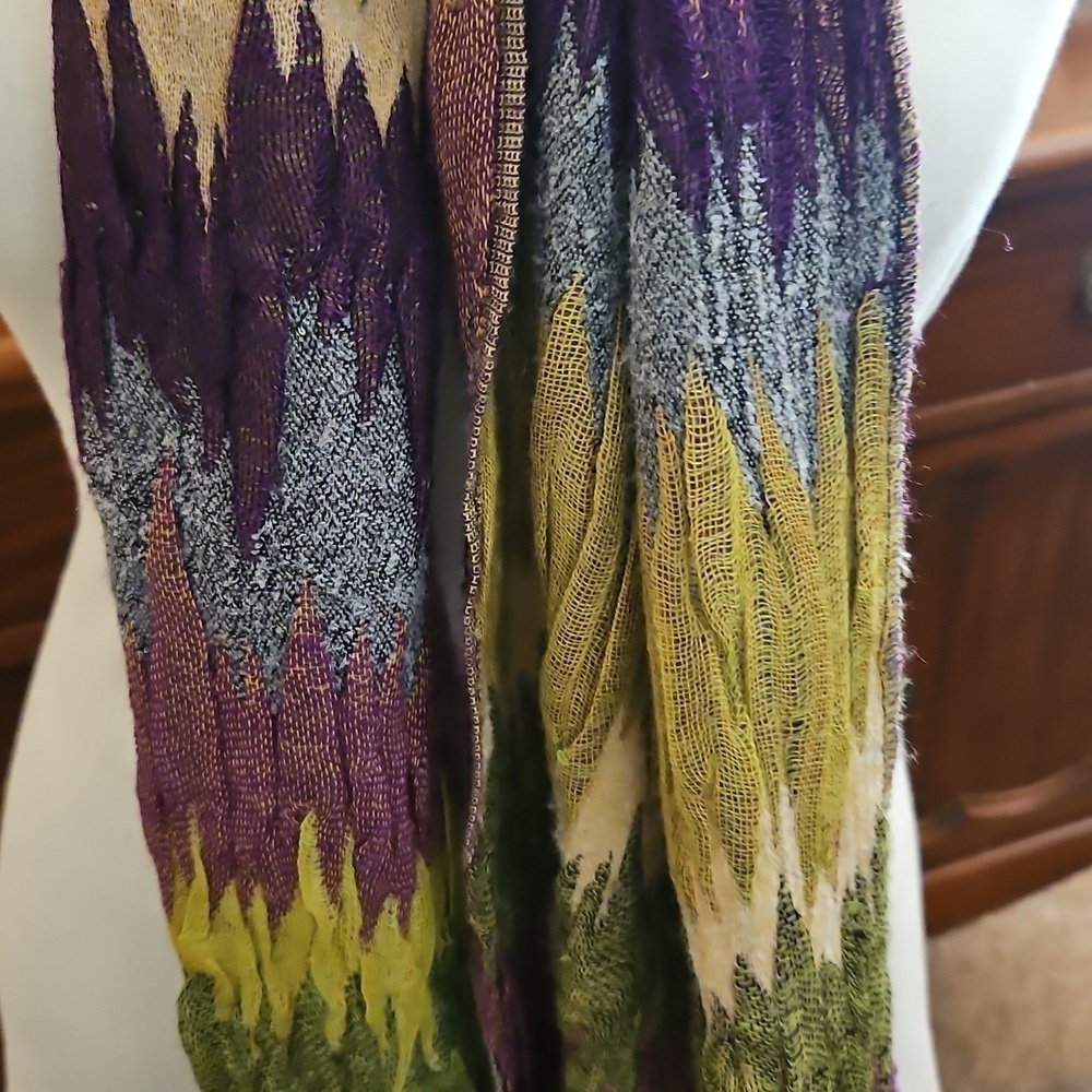 Vintage Purple and Green Multi-color Open Weave Crinkle Fringe Scarf - Picture 9 of 9